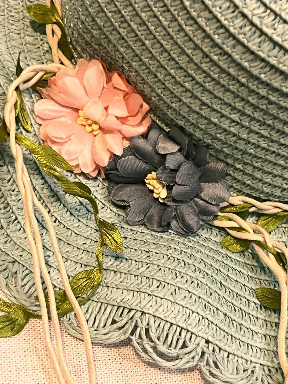 Girls Mint Floral Straw Sun Hat and Matching Crossbody Bag